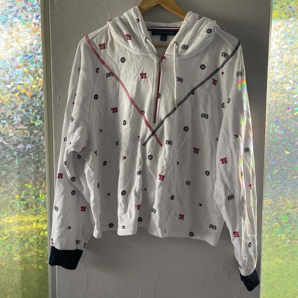 Tommy Hilfiger Monogram Half-Zip Hoodie, White, Women's XL